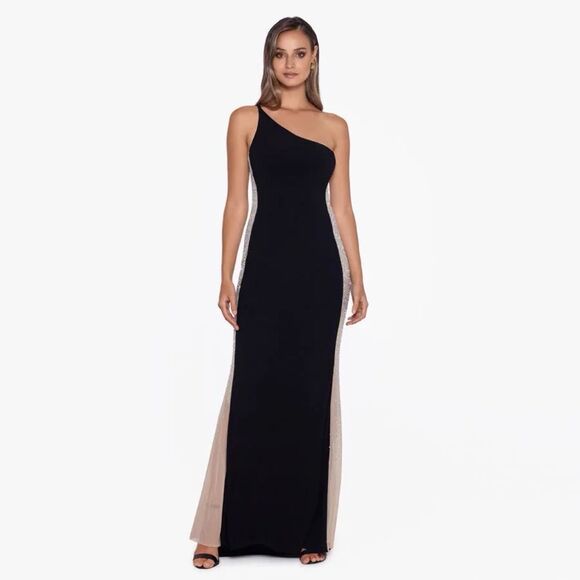 Xscape Black One-Shoulder Caviar Beaded Gown